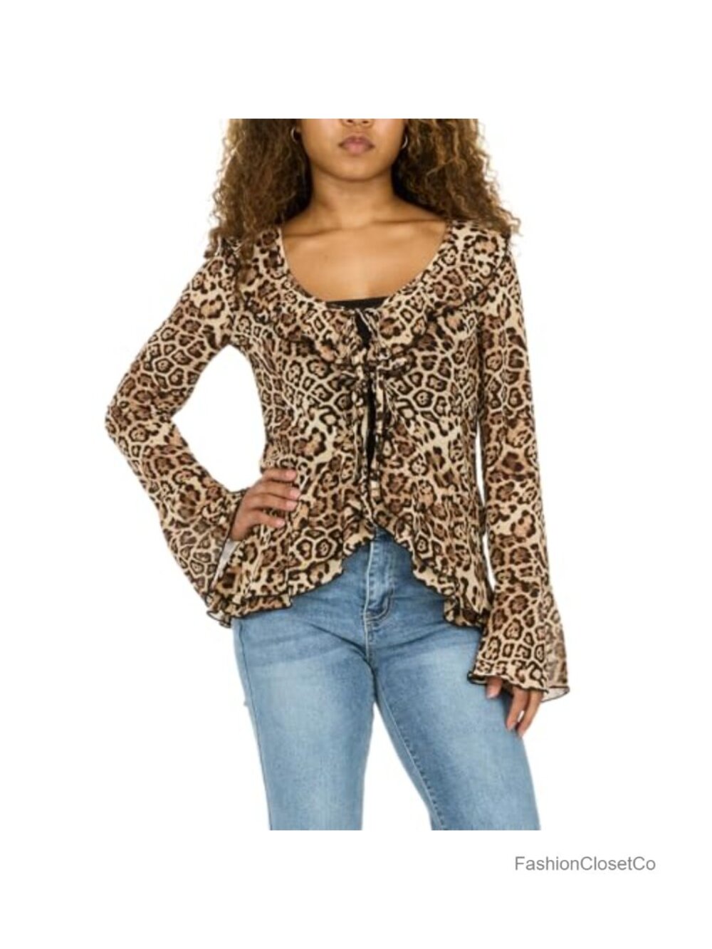 Forever 21 Women's Tie Front Top with Flounce Sleeves and Flyaway Hem